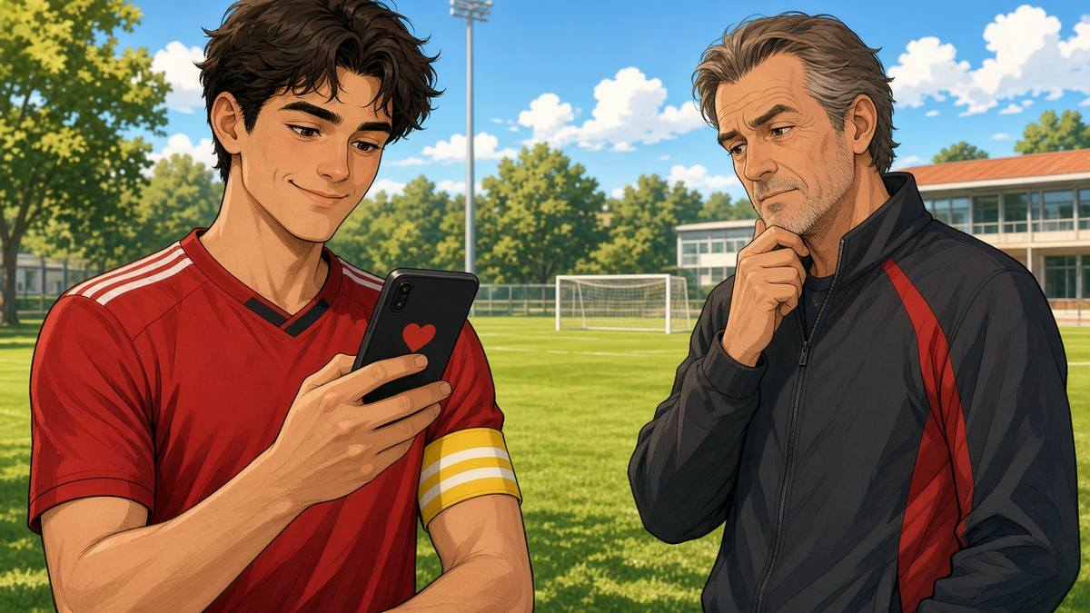 Bright comic of a fictional captain in red liking a post on his phone while a puzzled coach watches