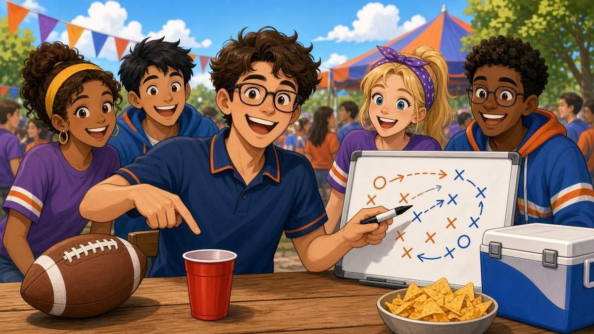 Bright comic of a cheerful fictional analyst explaining a play diagram to fans at a sunny tailgate