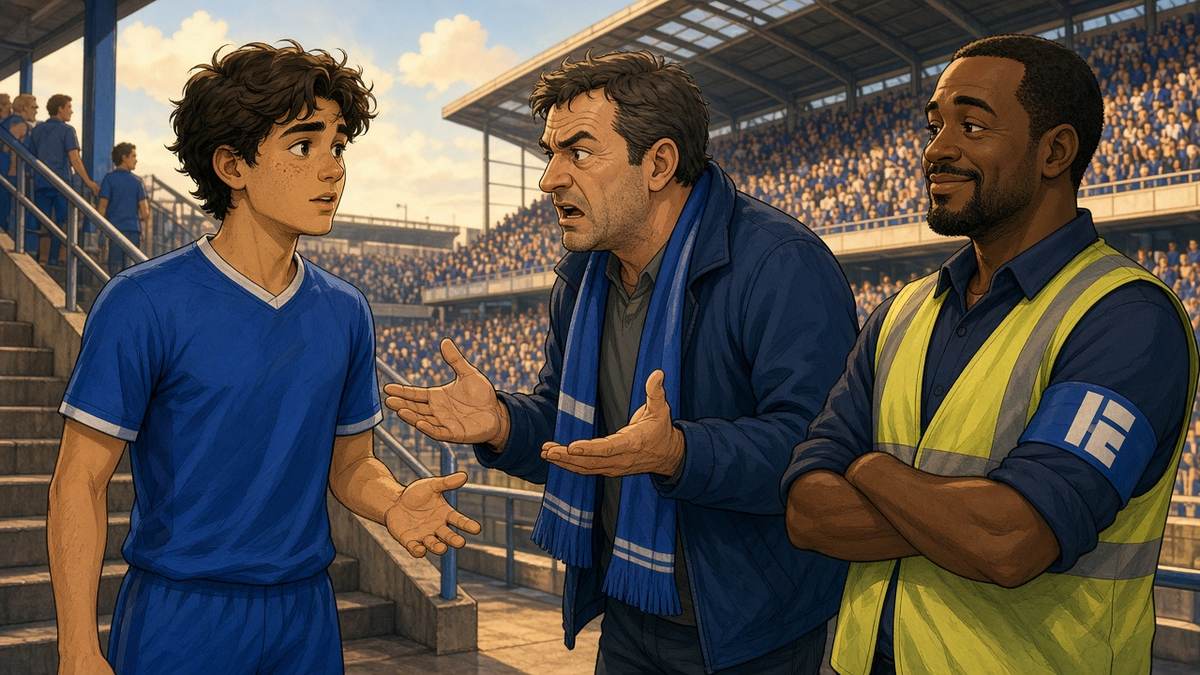 Comic of a fictional young footballer in royal blue talking with a frustrated fan by the stands as a calm steward looks on