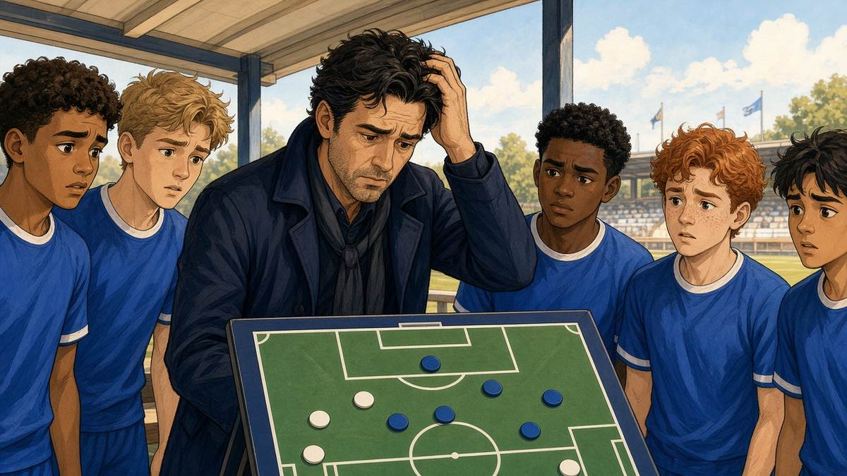 Comic of a fictional dark-haired manager scratching his head over a tactics board as players in royal blue look on