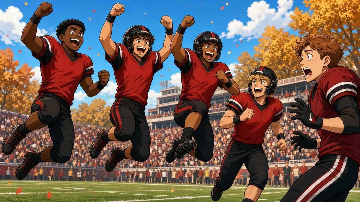 Bright comic of fictional college football players in red and black celebrating a homecoming upset on a sunny autumn day