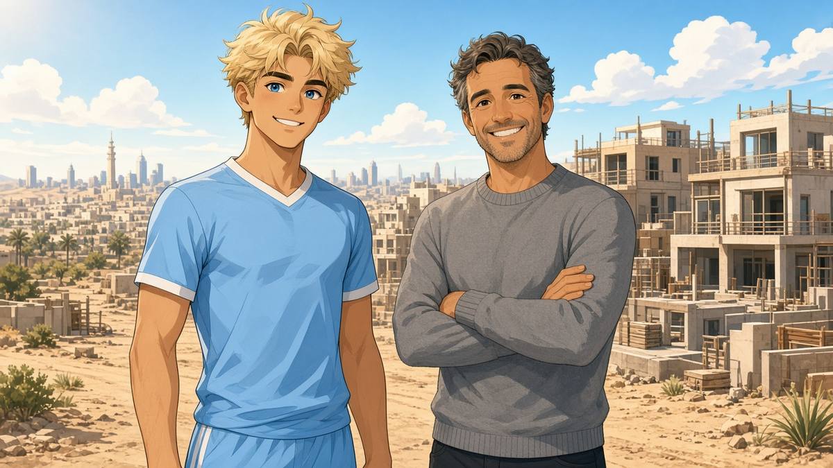Bright comic of a fictional blond striker in sky blue and a coach before a sunny desert housing development