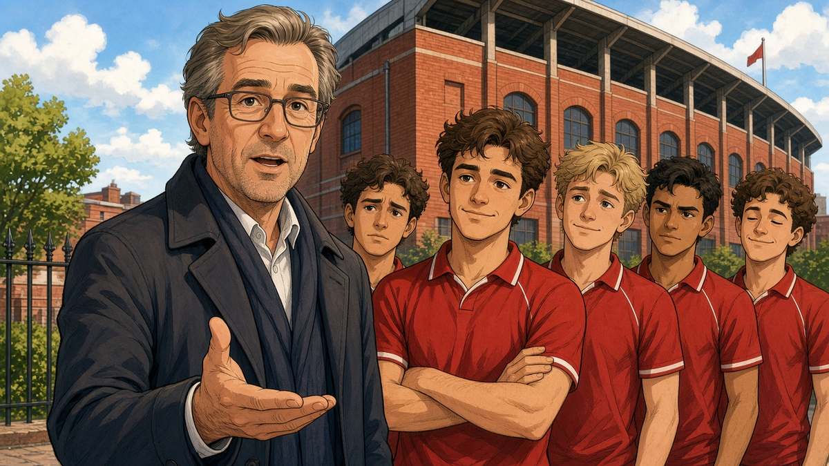Bright comic of a fictional former manager speaking outside a red-brick stadium with players in red