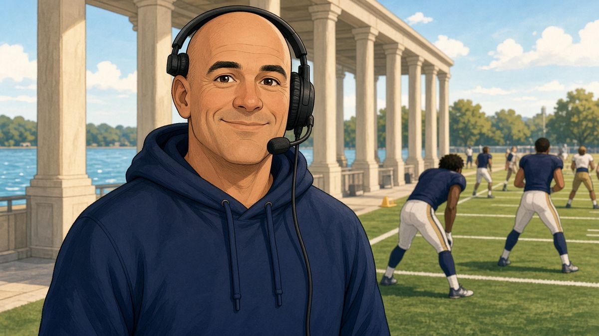 Bright comic of a smiling fictional bald coach with headset beside a colonnaded lakeside stadium