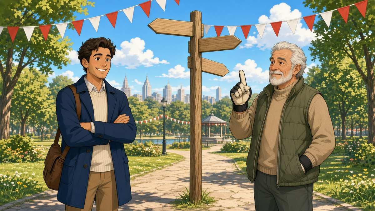 Bright comic of a fictional young coach at a signpost getting advice from a friendly older man in a sunny park