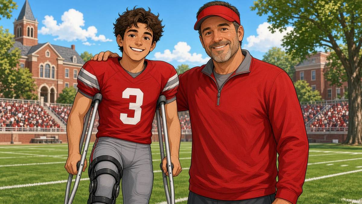 Bright comic of a fictional college quarterback on crutches beside a kind coach on a sunny campus field