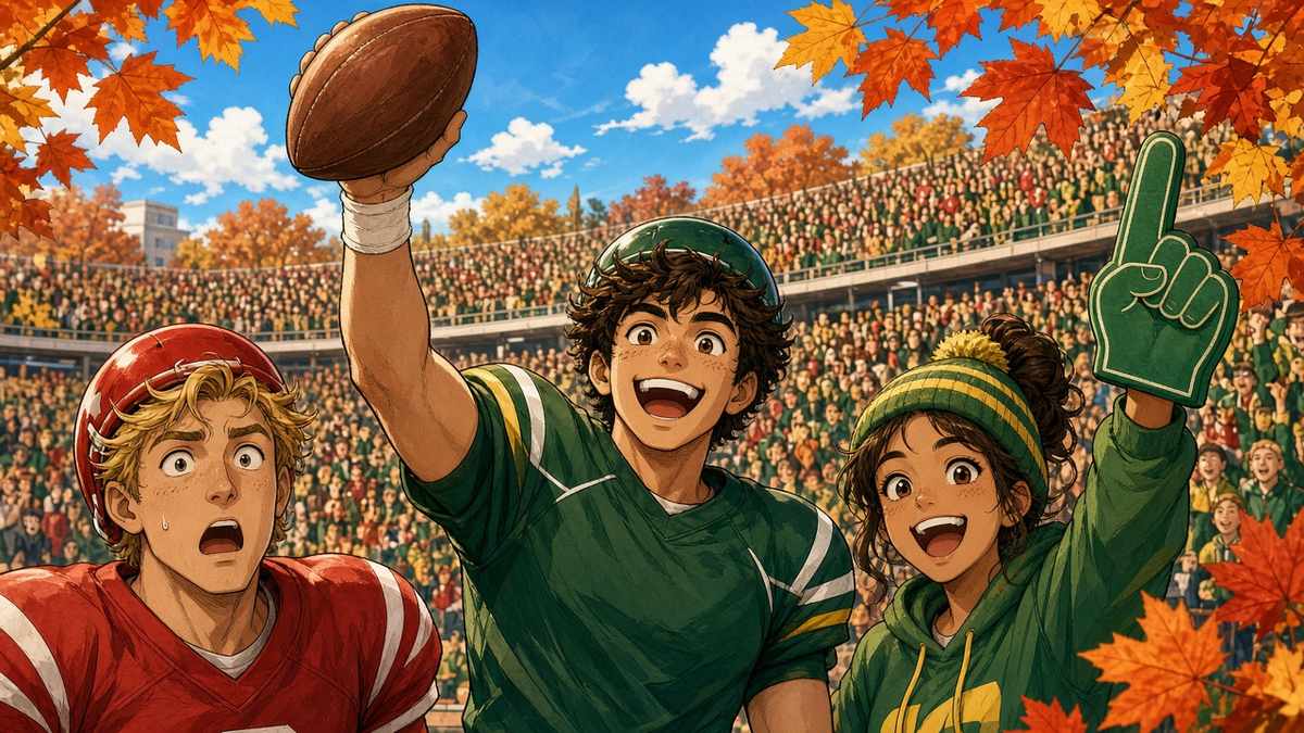 Sunny autumn comic of a fictional underdog player lifting the ball as a rival looks surprised