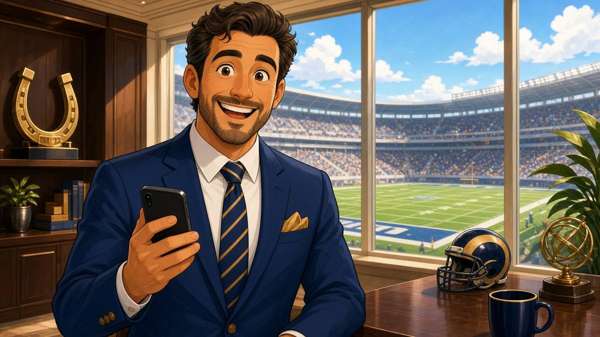 Bright comic of a fictional team executive with a phone in a sunny stadium office