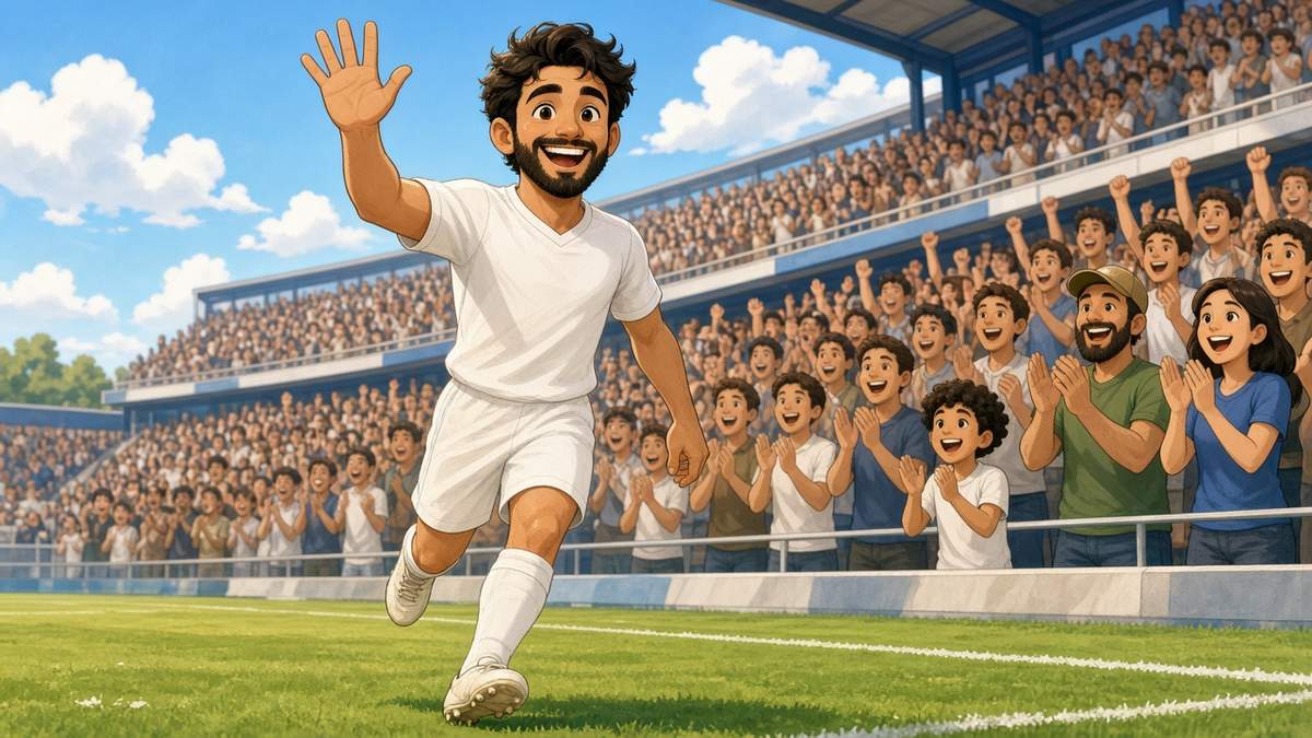 Bright comic of a joyful fictional bearded footballer in white waving to applauding fans