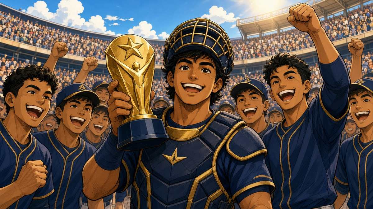 Bright comic of a happy fictional catcher holding an MVP trophy as teammates cheer in a sunny stadium