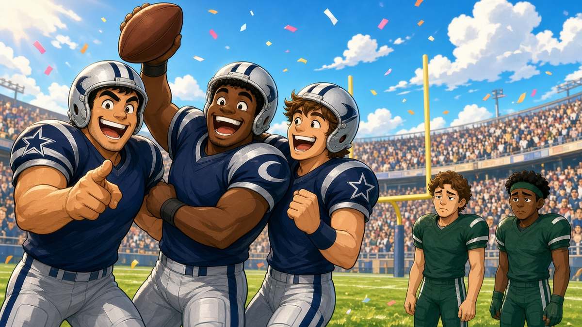 Bright comic of fictional football players in navy and silver celebrating a touchdown in a sunny stadium