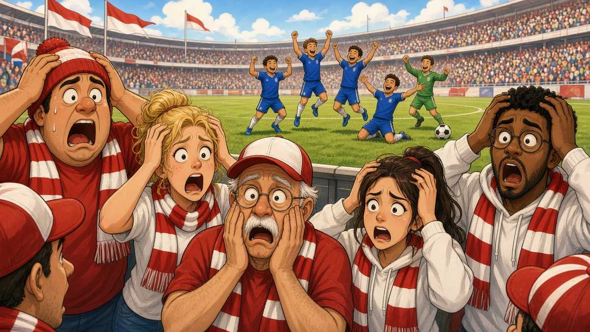 Bright comic of shocked fictional fans in red and white scarves as an underdog team celebrates behind them