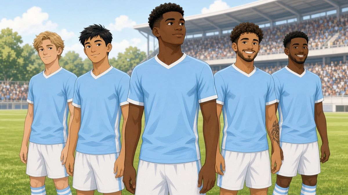 Bright comic of a calm fictional Black footballer in sky blue standing thoughtfully with teammates at a pre-match lineup