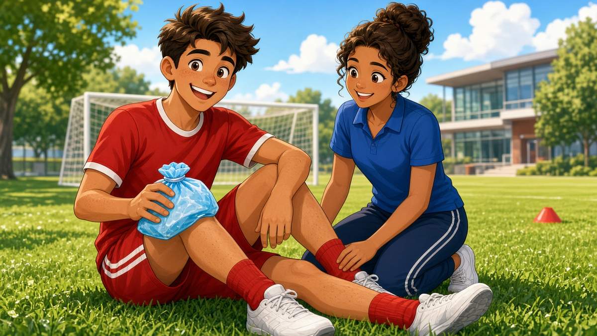 Bright comic of a fictional defender in red with an ice pack beside a cheerful physio