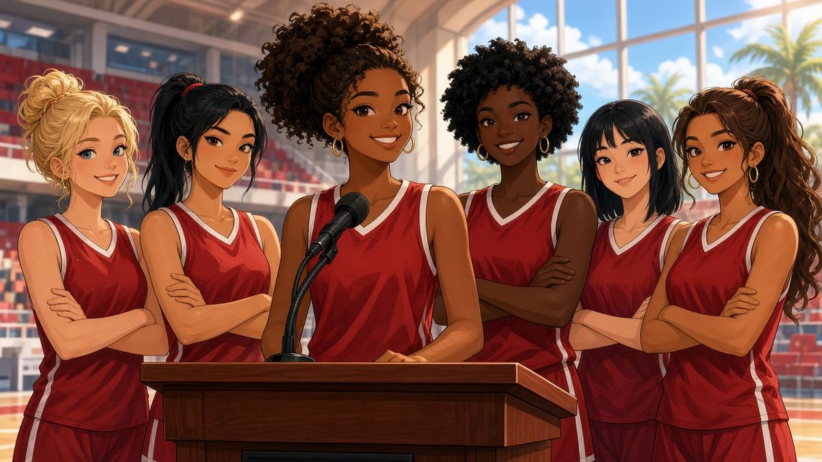 Bright comic of a confident fictional women's basketball team in red at a press podium