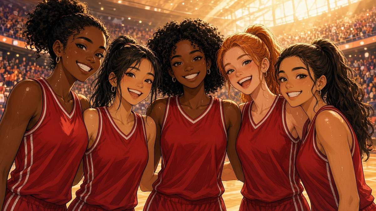 Bright comic of joyful fictional basketball players in red celebrating in a sunlit arena