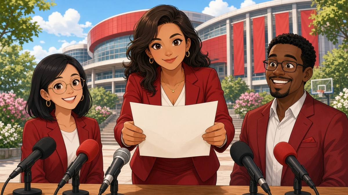 Bright comic of a friendly fictional team owner in red presenting an open letter at a sunny press table
