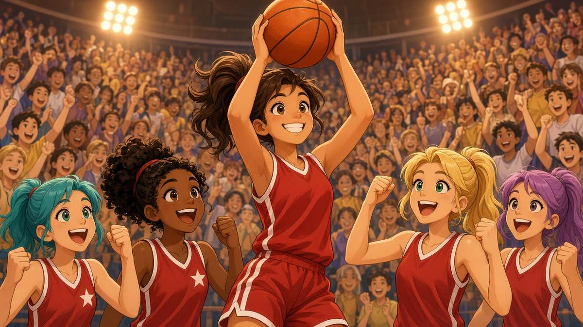 Bright comic of a grinning fictional basketball player in red grabbing a rebound as teammates cheer in a warm lit arena