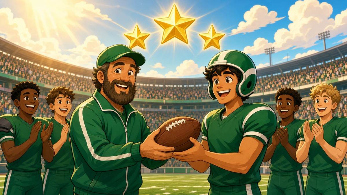 Bright comic of a fictional coach in green handing a game ball to a happy player under three golden stars