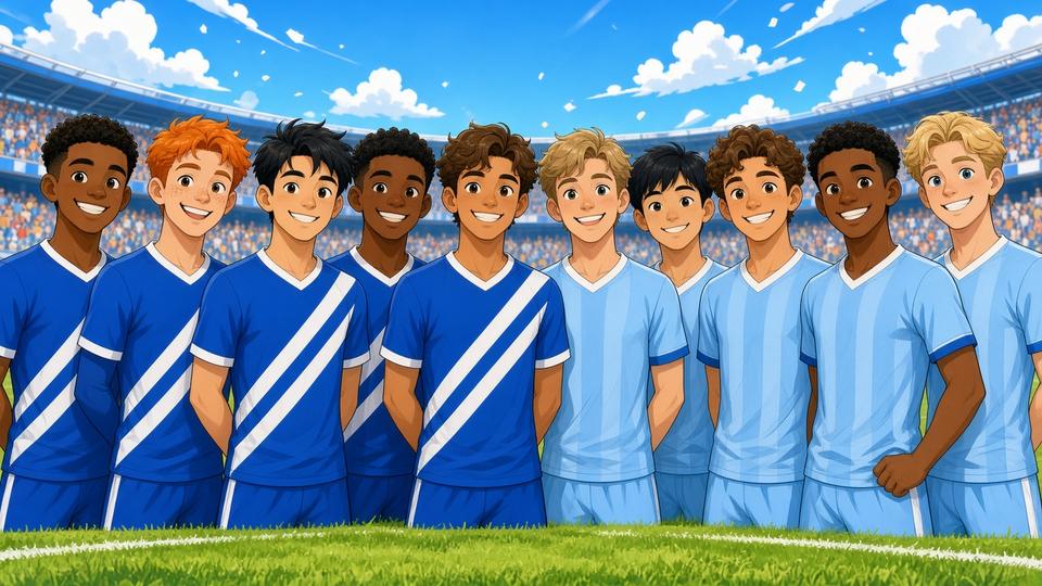Bright comic of fictional Everton-blue and Chelsea-blue footballers facing the viewer on a sunny pitch before kickoff