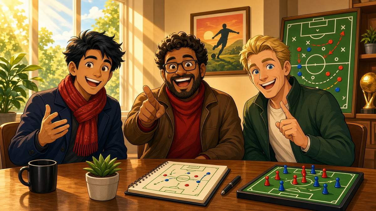 Bright comic of three cheerful fictional football pundits debating around a studio desk with tactics boards