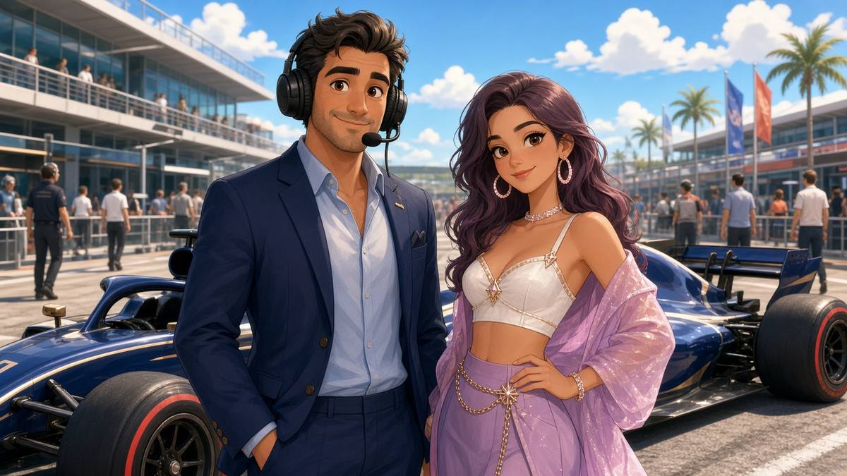 Bright comic of a fictional racing team boss in headset and his pop-star wife smiling in a sunny paddock beside a blue race car