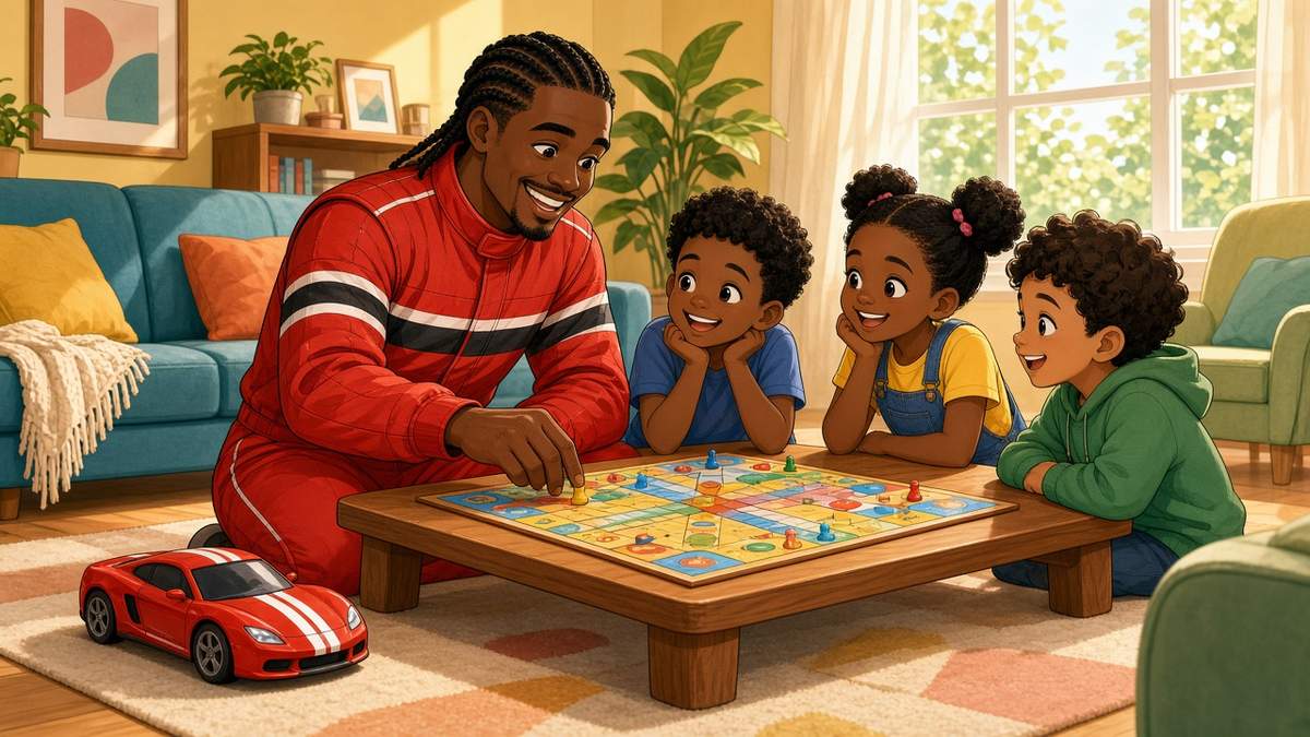 Warm comic of a fictional racing driver in a red suit playing a board game with happy children
