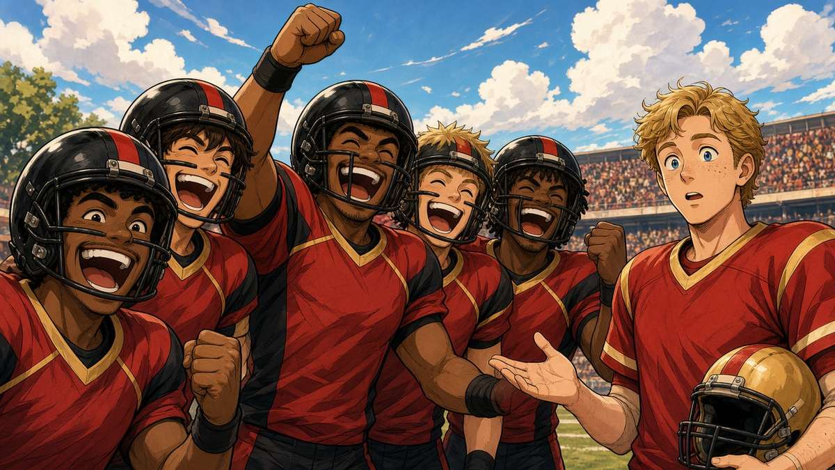 Bright comic of fictional football players in red and black celebrating an upset while a surprised quarterback looks on
