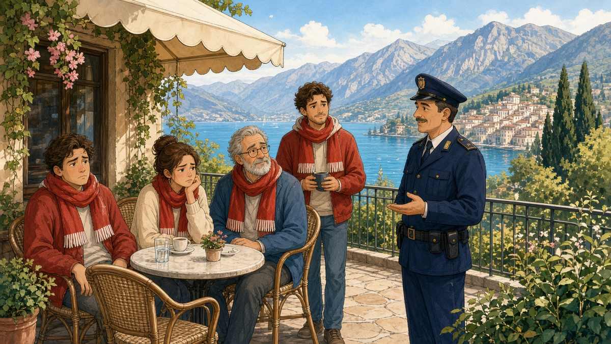 Bright comic of fictional fans in red scarves talking with a friendly police officer at a lakeside cafe