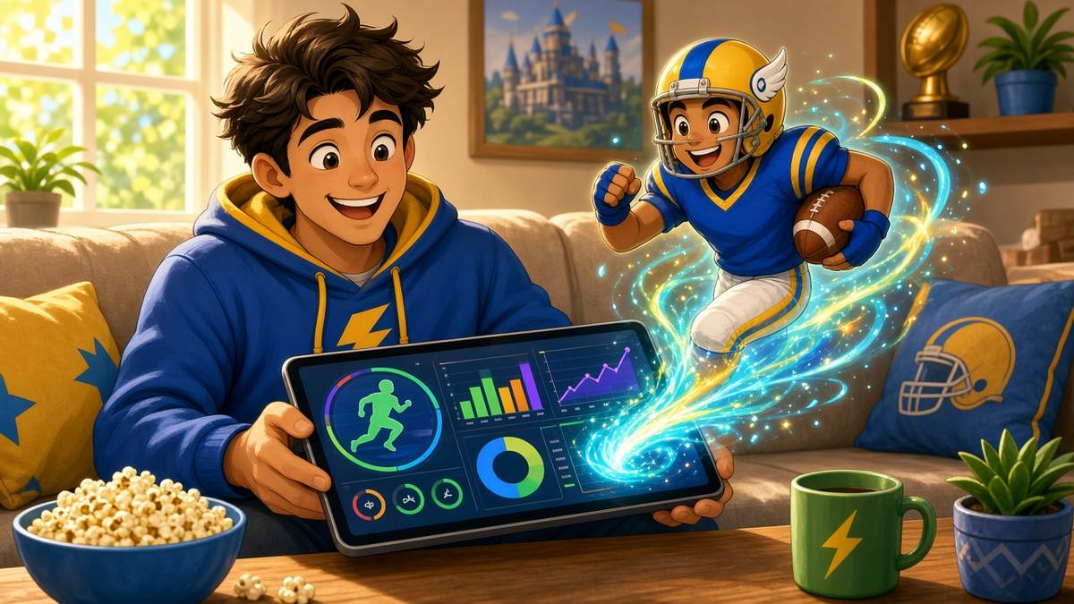 Bright comic of a smiling fantasy football fan with a tablet as a cartoon running back leaps from the screen