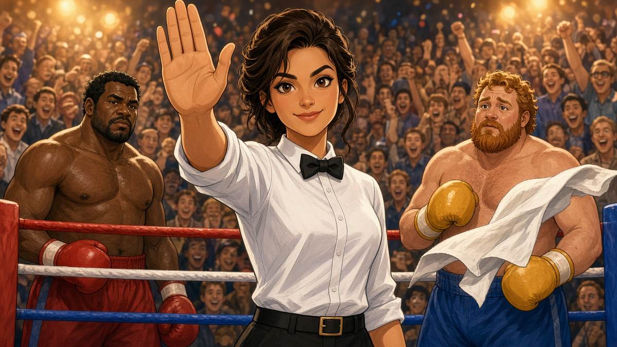 Bright comic of a confident fictional female boxing referee raising her hand as a towel flies into the ring, faces toward the viewer