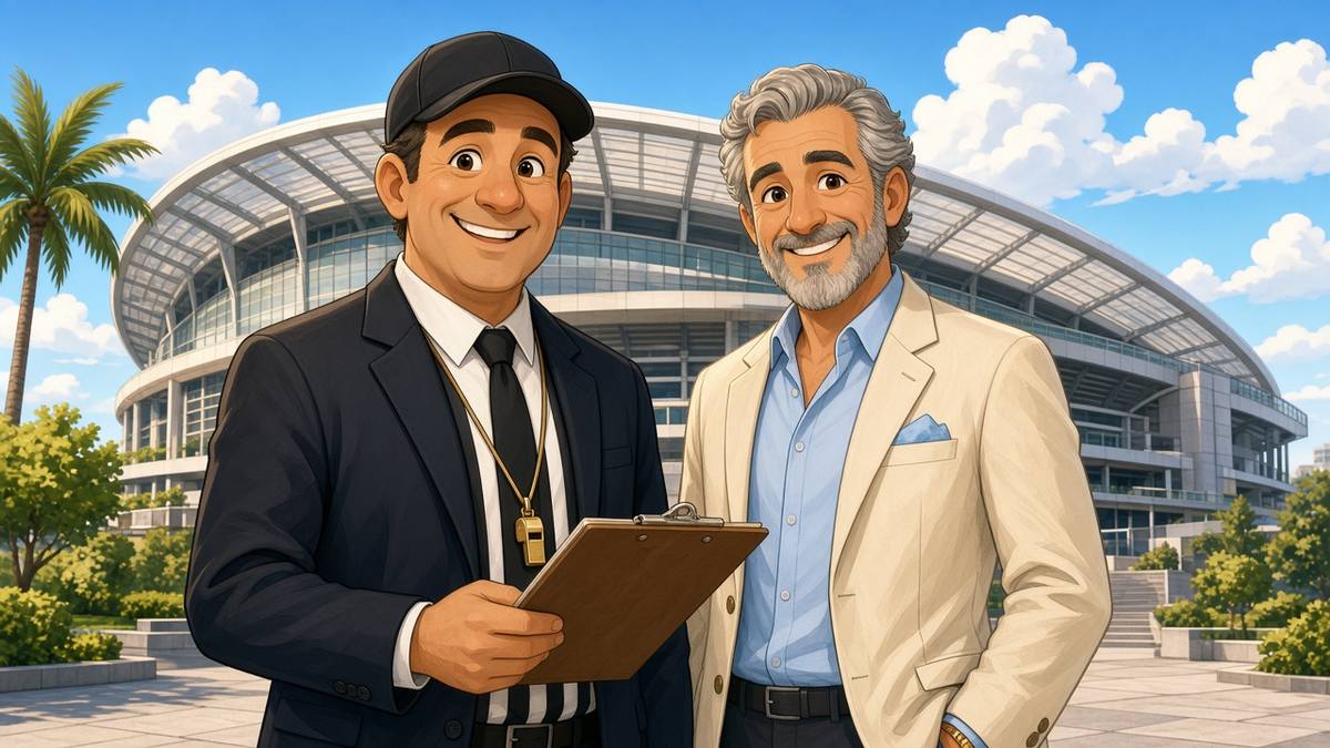 Bright comic of a fictional football official with clipboard and a club owner outside a sunny stadium