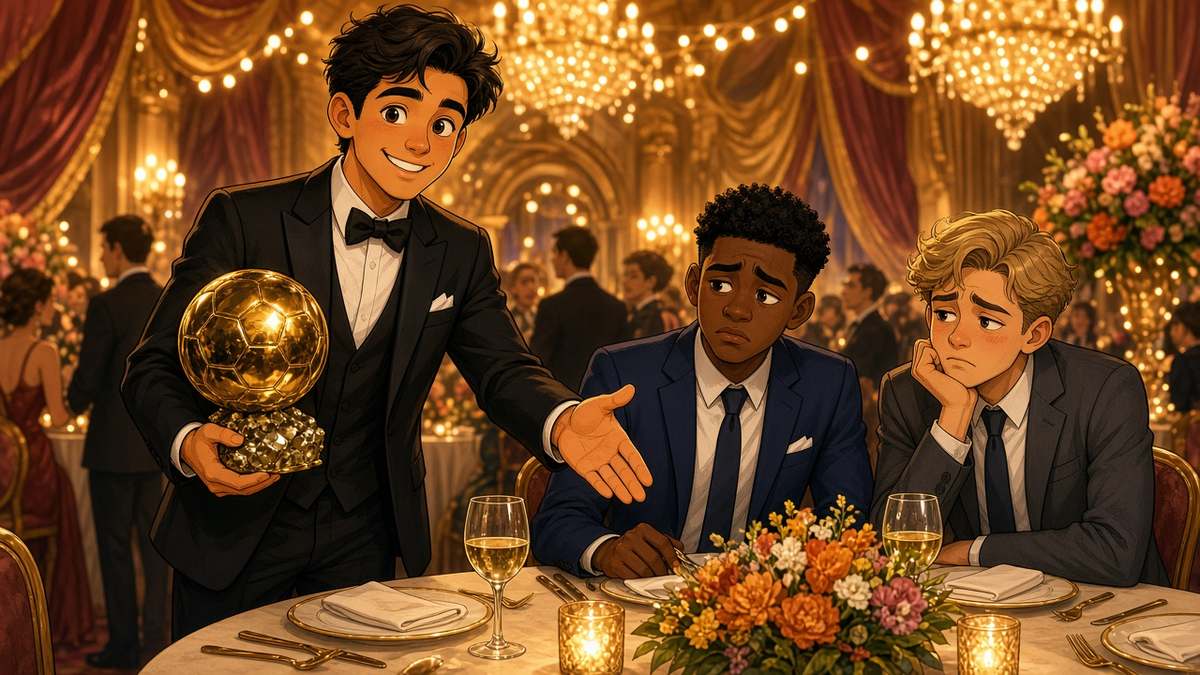Warm comic of a humble fictional footballer with a golden ball trophy offering a handshake at a gala