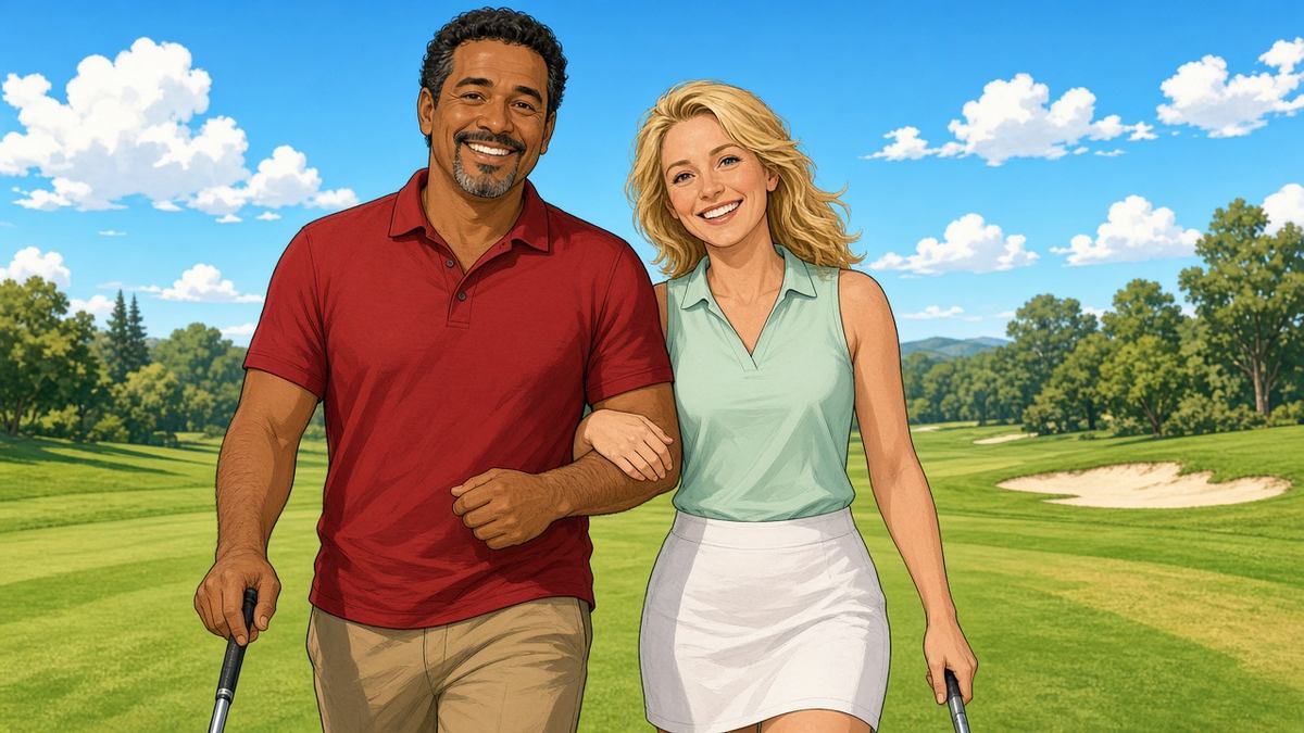 Bright comic of a smiling fictional golfer and his partner walking arm in arm on a sunny fairway