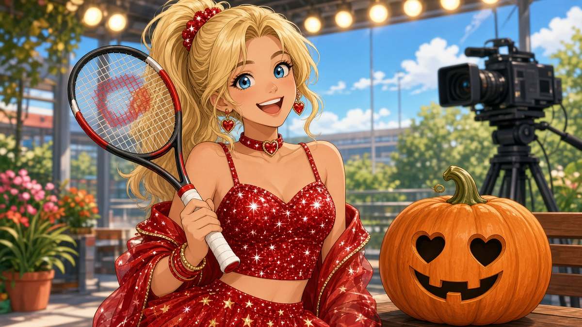 Bright comic of a fictional blonde tennis pundit in a sparkly red pop-star costume beside a smiling pumpkin