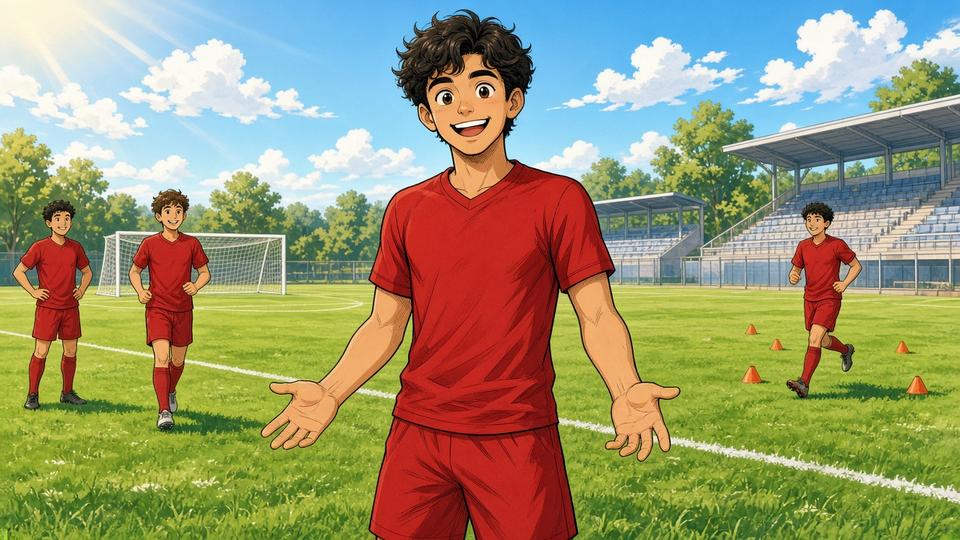 Bright comic of a smiling fictional midfielder in a blank red kit holding empty pockets cheerfully on a sunny training pitch