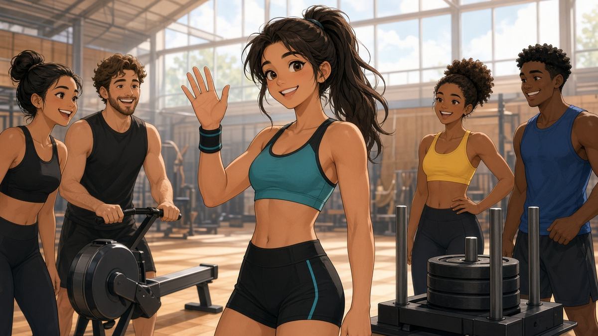 Bright comic of a smiling fictional fitness racer waving to fellow athletes in a sunny race venue