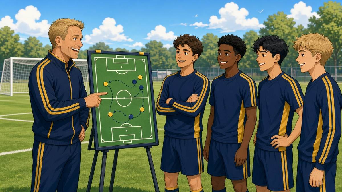 Bright comic of a cheerful fictional coach in navy and yellow pointing at a tactics board for smiling players