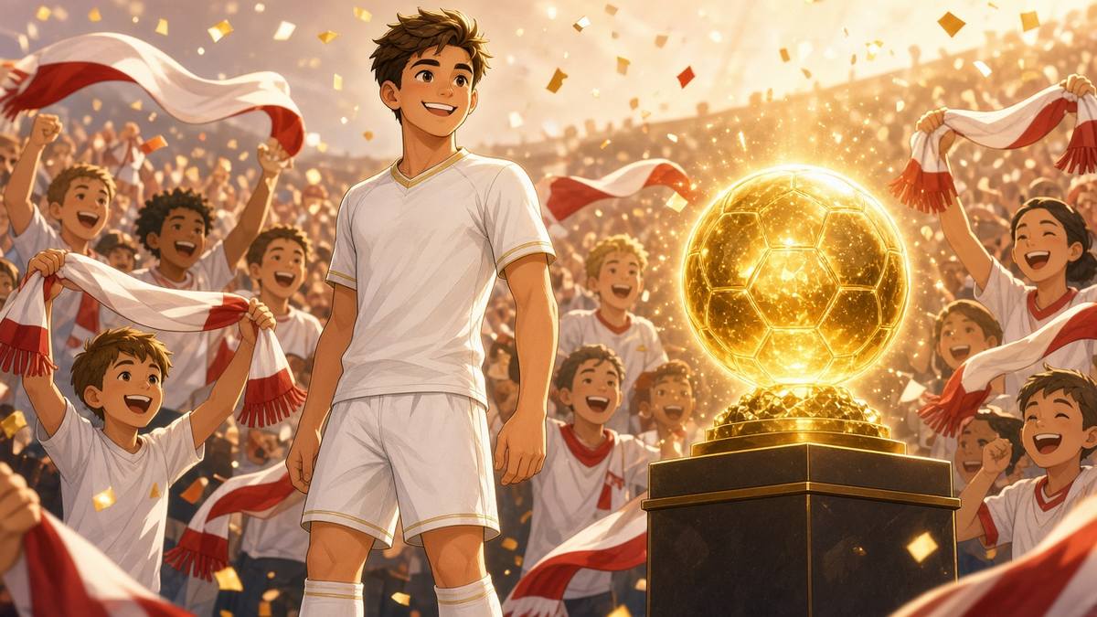 Bright comic of a hopeful fictional footballer in white beside a golden ball trophy with cheering fans