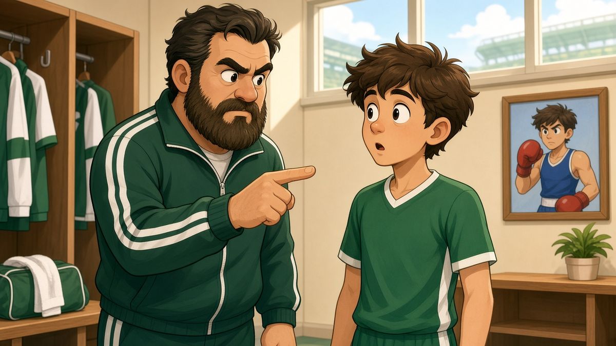 Bright comic of a bearded fictional assistant coach pointing at a surprised young footballer in a sunny dressing room
