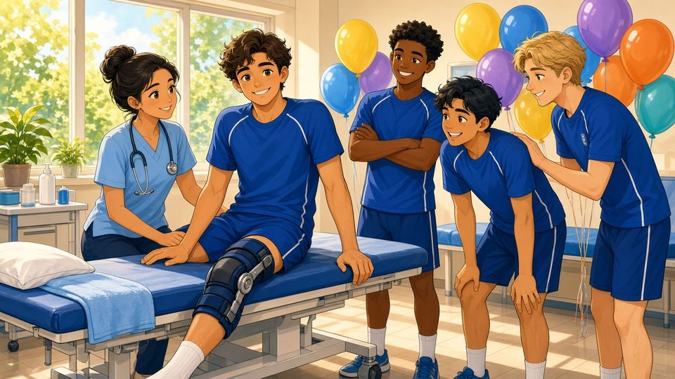 Bright comic of a smiling fictional footballer in blue with a knee brace on a treatment bed, a physio and teammates with balloons around him