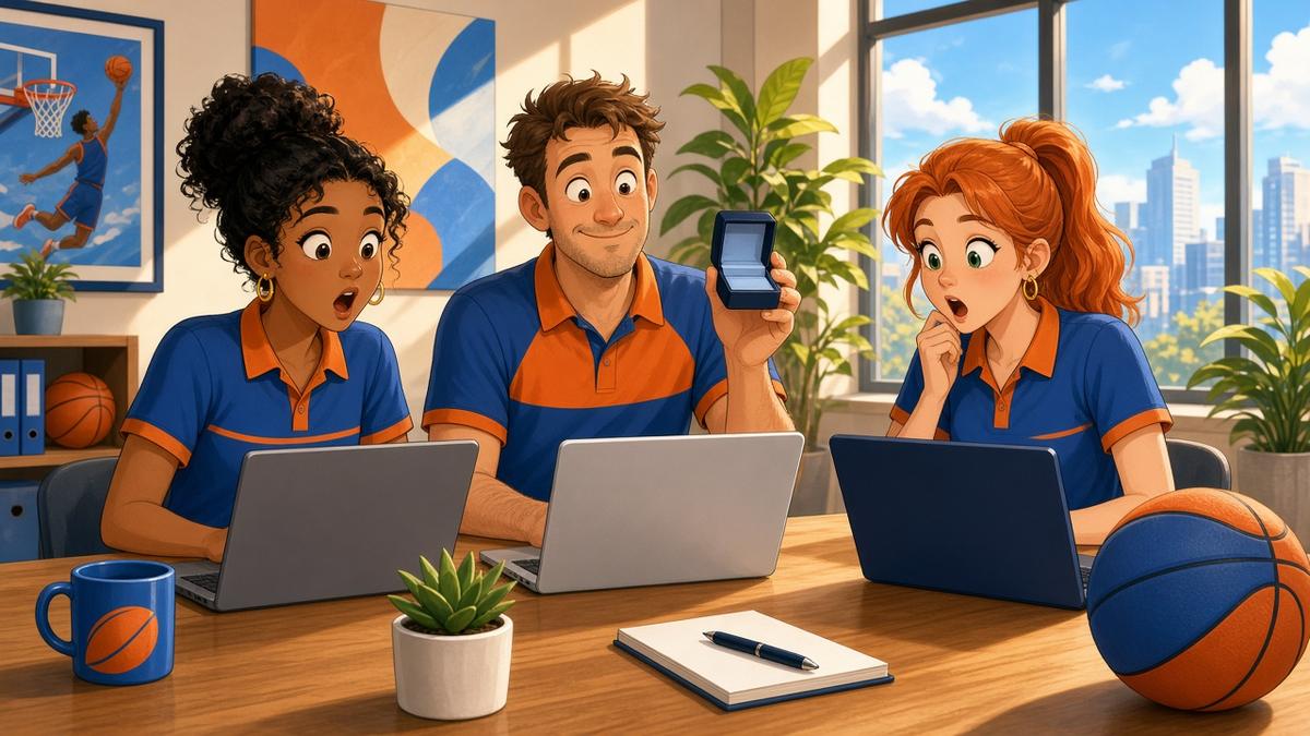 Bright comic of surprised fictional team staffers at laptops, one holding an empty ring box