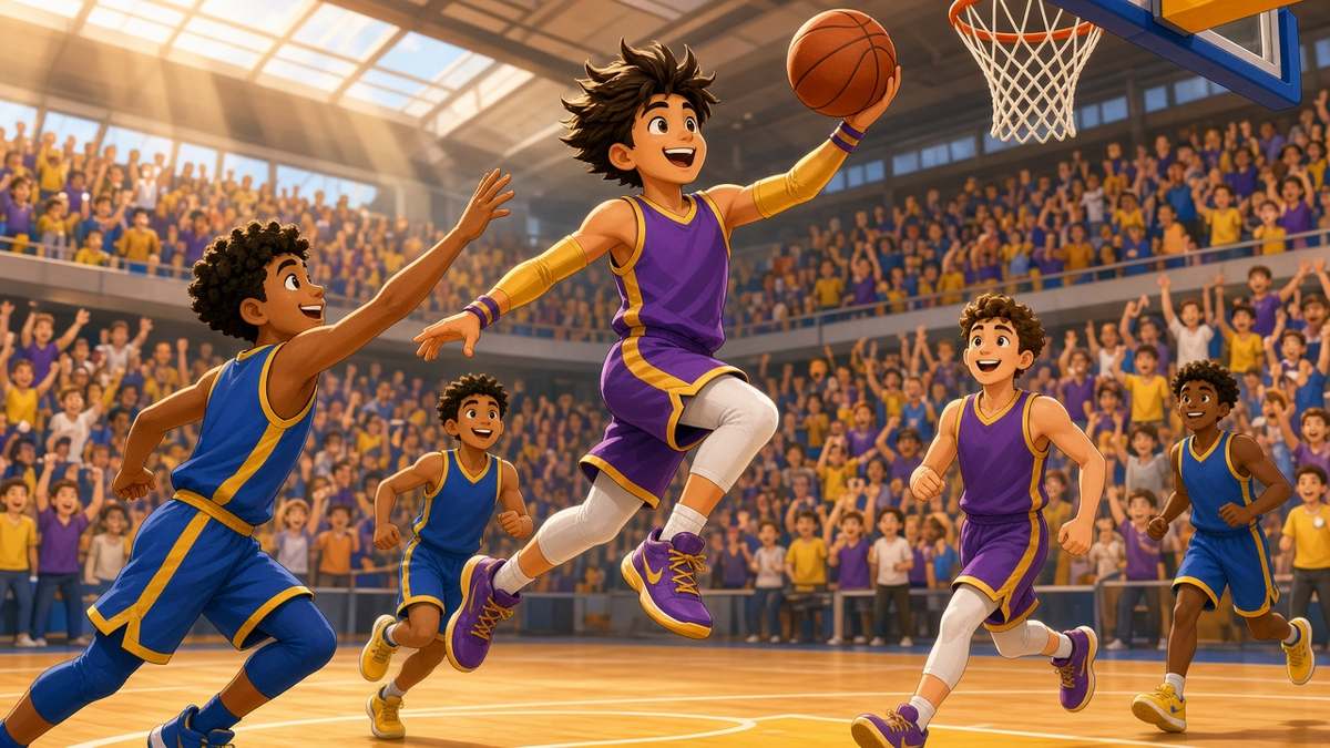 Bright comic of smiling fictional basketball players in purple-gold and blue-yellow in a sunlit arena