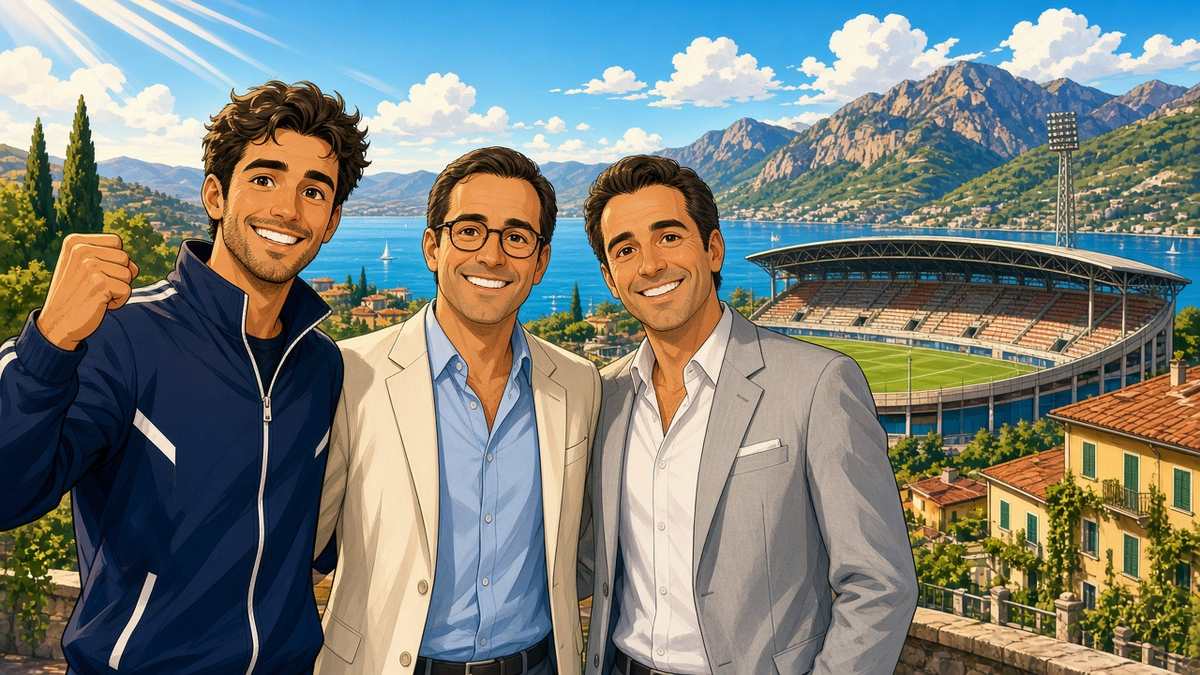 Bright comic of a fictional coach and two businessmen beside a lakeside Italian stadium