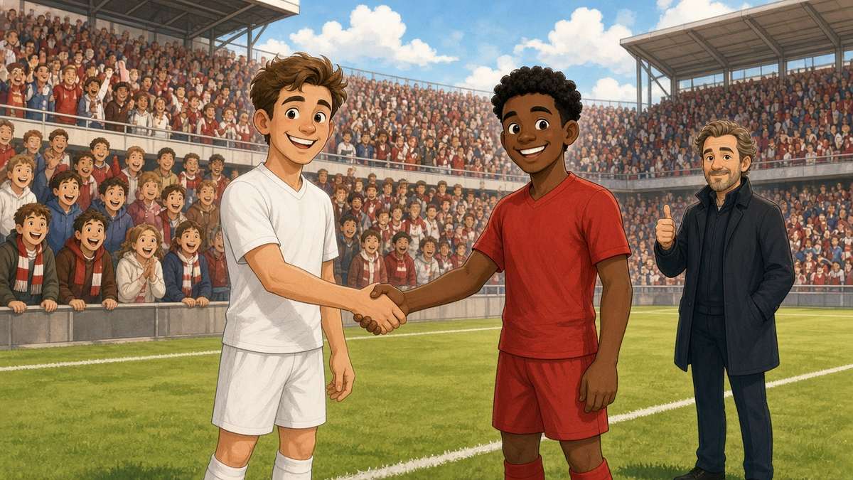 Bright comic of two fictional footballers in white and red shaking hands before a sunny derby, a cartoon manager giving a thumbs up