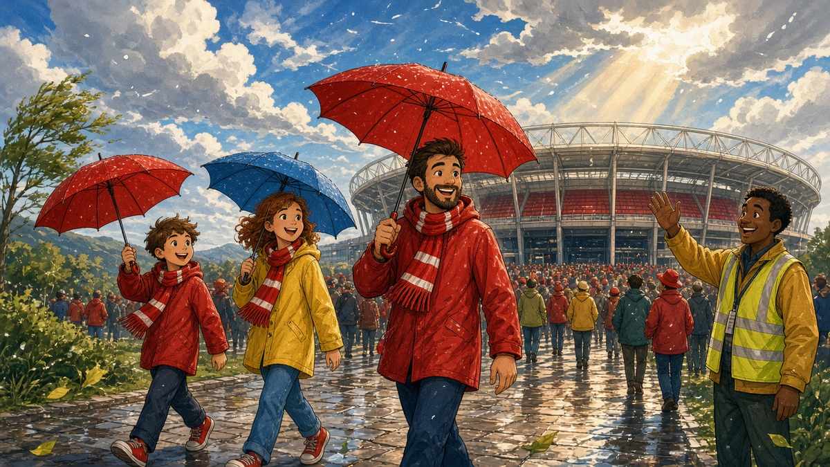 Bright comic of smiling fictional fans in red scarves with umbrellas walking to a stadium on a windy sunny day