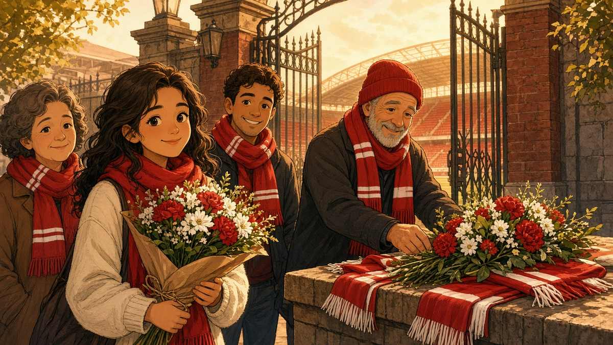 Warm comic of fictional fans in red scarves laying flowers at a stadium gate in golden sunlight