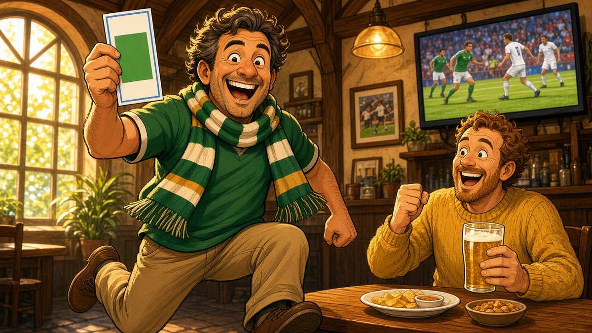 Bright comic of an overjoyed fictional football fan holding a winning slip in a sunny pub with a cheering friend