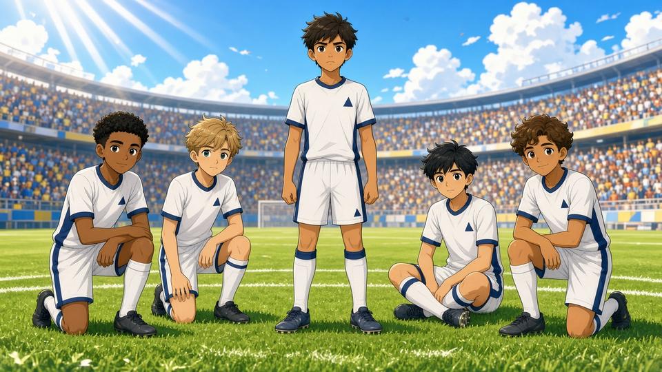 Bright comic of a fictional footballer standing while teammates kneel on a sunny pitch, all cartoon faces clear toward the viewer
