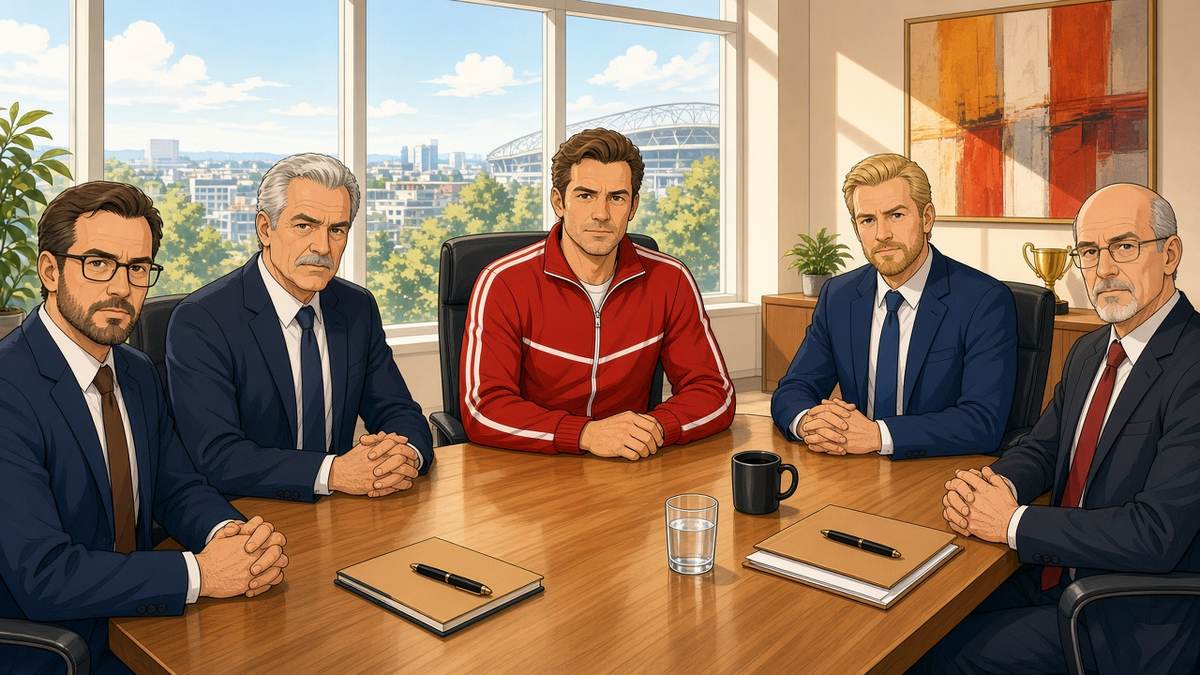 Comic of a fictional manager in a red tracksuit jacket in a bright boardroom meeting with club executives
